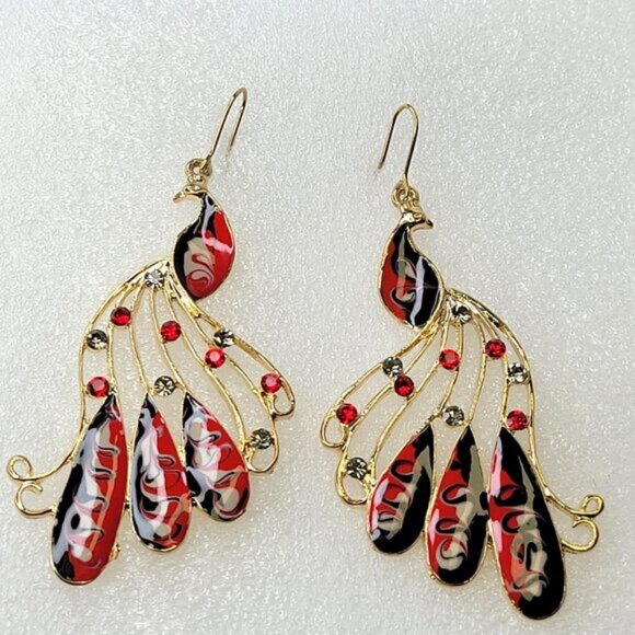 Peacock Chandelier Earrings Gold Red and Black Bird Earrings - Picture 1 of 7